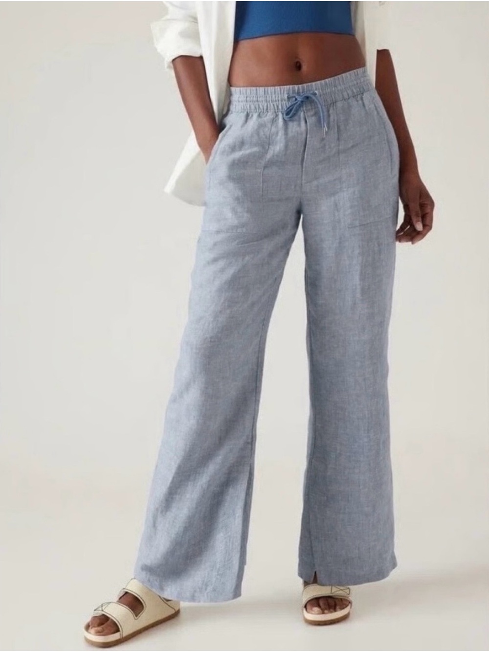 Athleta Cabo Linen Wide Leg Pant Chambray Blue Drawstring Women's Size 14